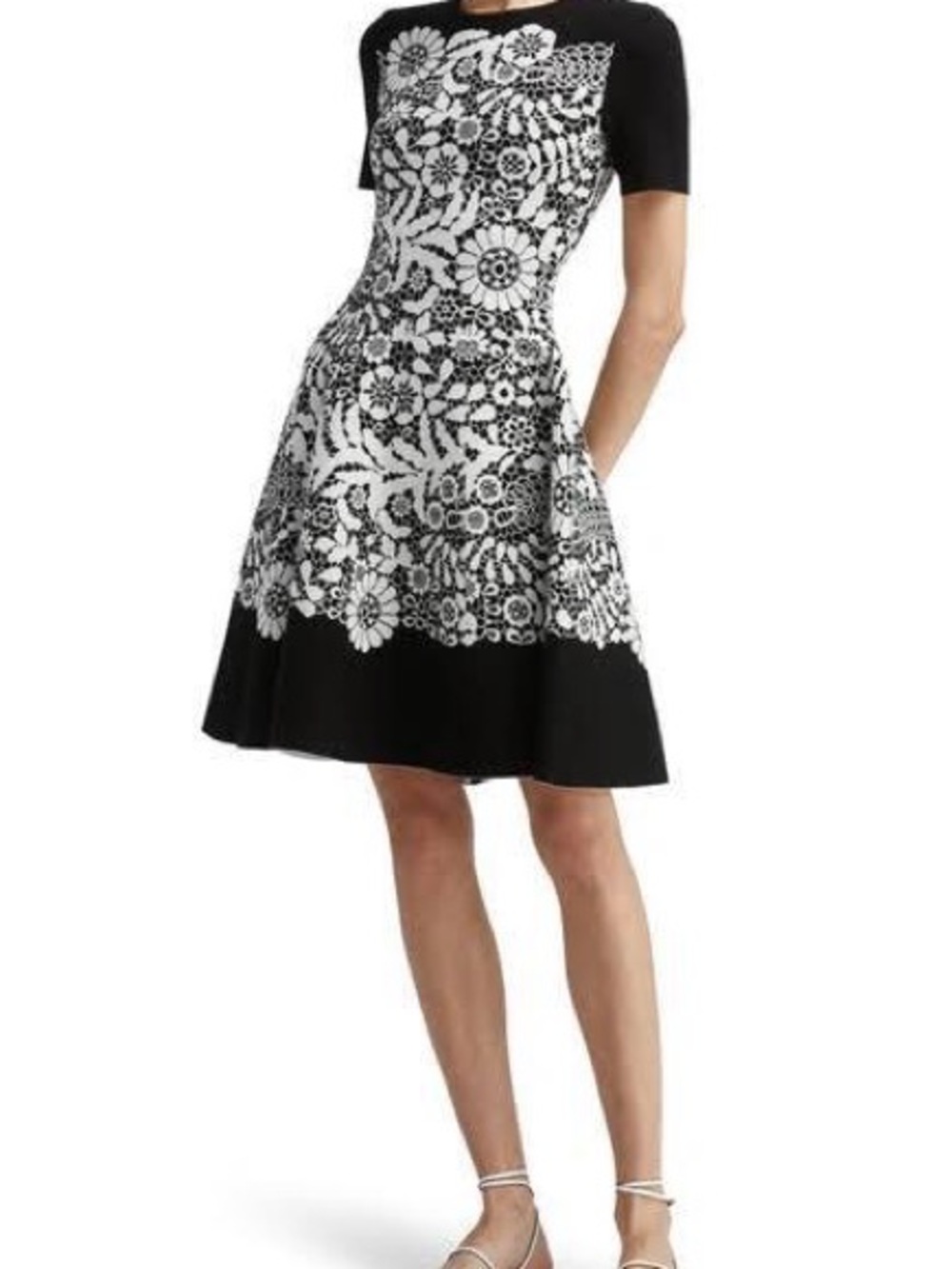 Oscar de la Renta Black and White Floral Crochet-Effect Fit & Flare Dress